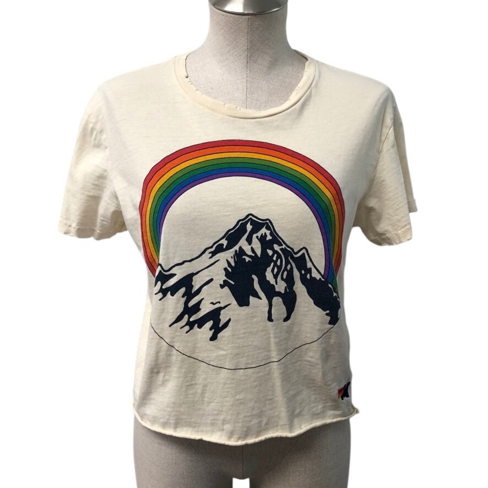 Aviator Nation T Shirt Womens S Cream Chasing Rainbows Graphic Distressed